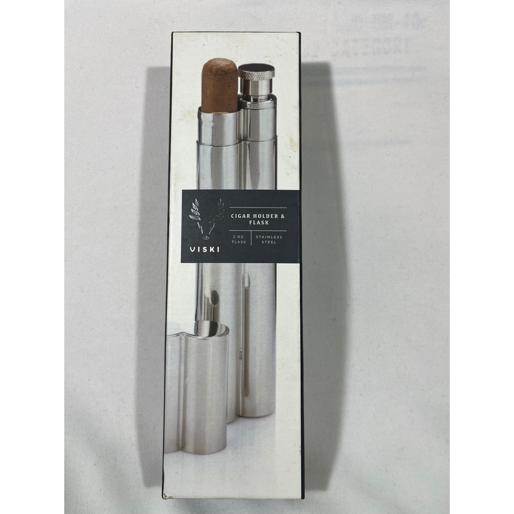 Viski Stainless Steel Cigar Holder & 2 oz Flask‎ Combo Polished Silver Barware